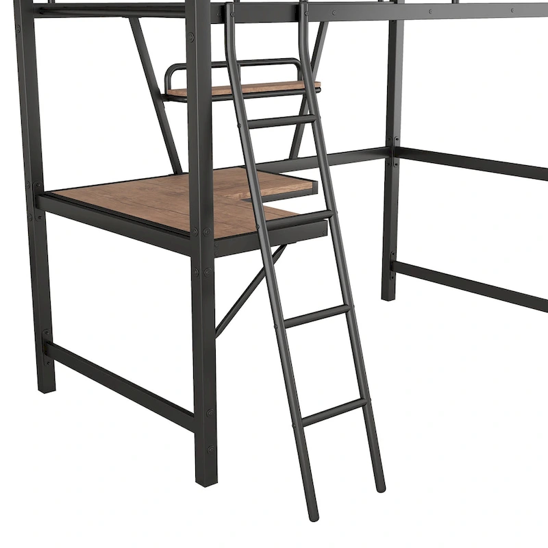 Metal Loft Bed with Integrated Desk, Shelf, and Full-Length Guardrail
