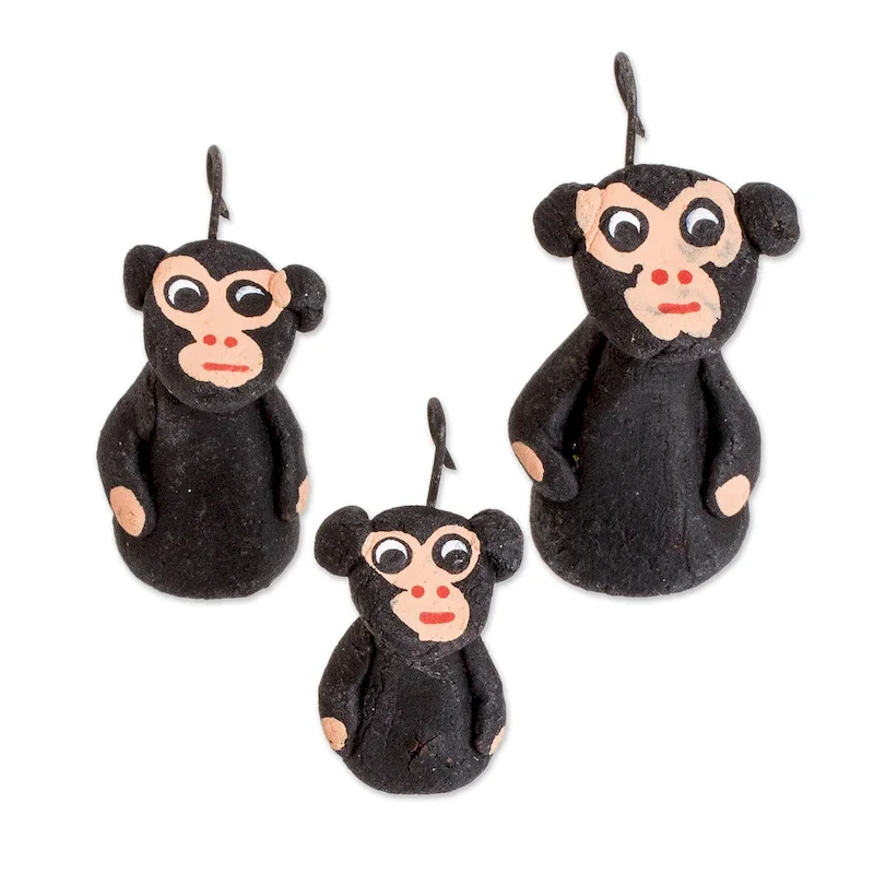 Novica Handmade Black Monkey Family Ceramic Figurines (Set Of 3)
