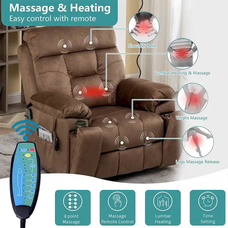 Power Lift Recliner, Massage & Heat, Velvet, 8-Point Massage, Cup Holder, Reclines 160°, Seats 1, Light/Dark Brown