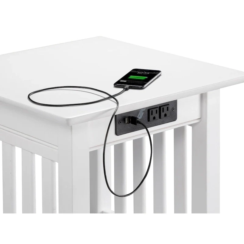 Mission End Table with Charging Station in White