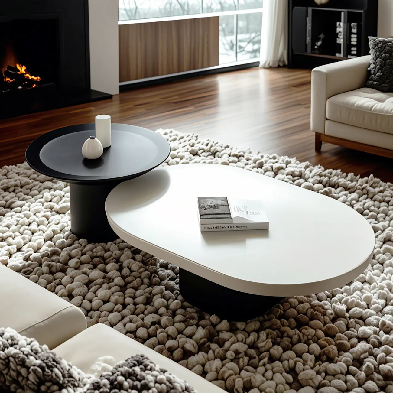 Modern Oval White Wood Coffee Table with Pedestal Base
