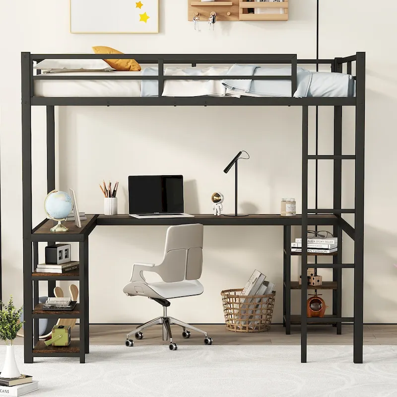 Black Full Metal Loft Bed with Desk & Shelves