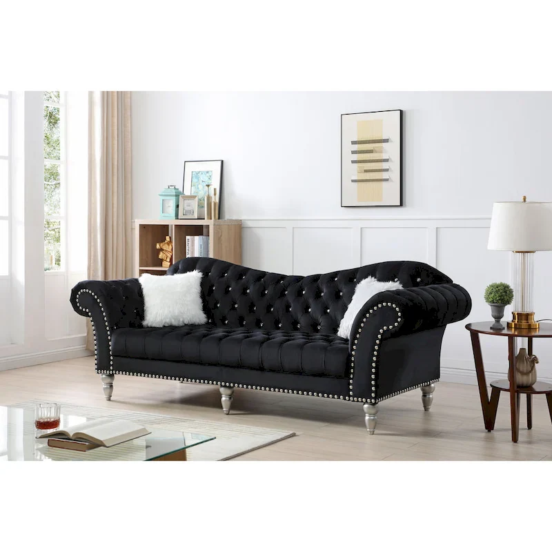 Velvet Tufted Sofa with Sweetheart Back & Chrome Nailheads – Blue / Dark Grey / Pink / Black, Seats 3