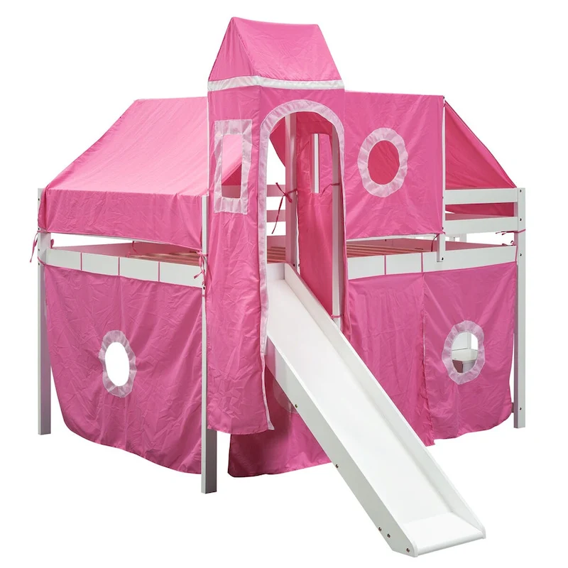 Pink Full Size Pine Wood Loft Bed with Storage Staircase, Slide, Tent, Tower, Guardrail