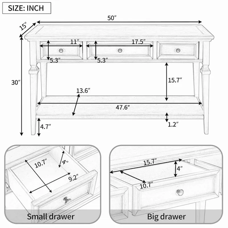 50L Classic Retro Style Console Table with Three Top Drawers and Open Style Bottom Shelf (Gray Wash)