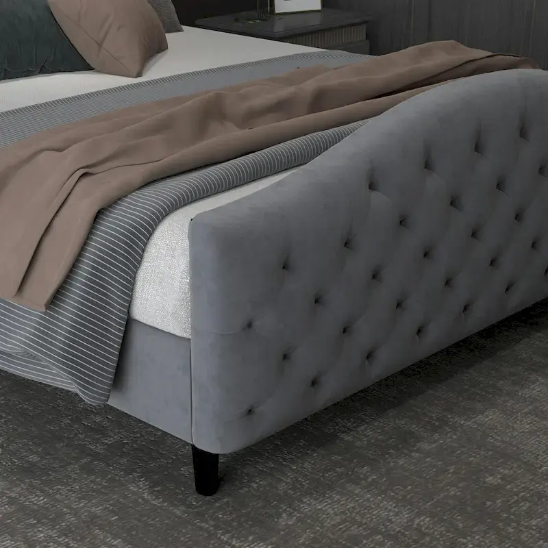 Velvet Upholstered Bed Frame with Wingback Headboard and Footboard