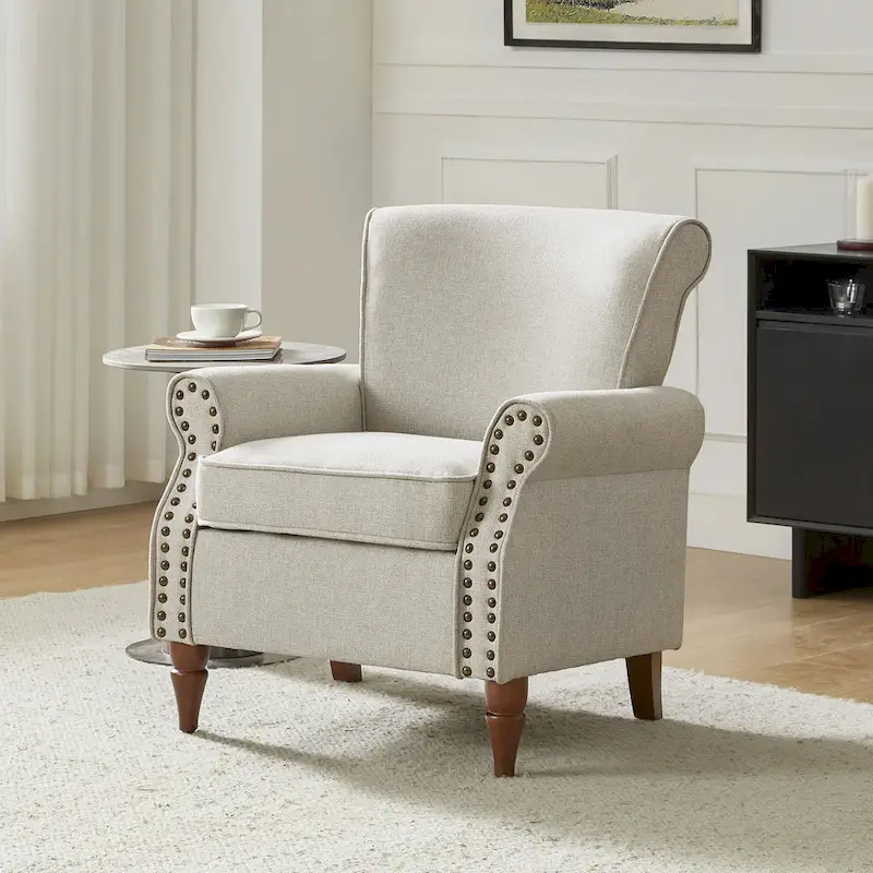 Upholstered Comfy Accent chair with Turned Wooden Legs and Nailhead Trim Set of 2 by