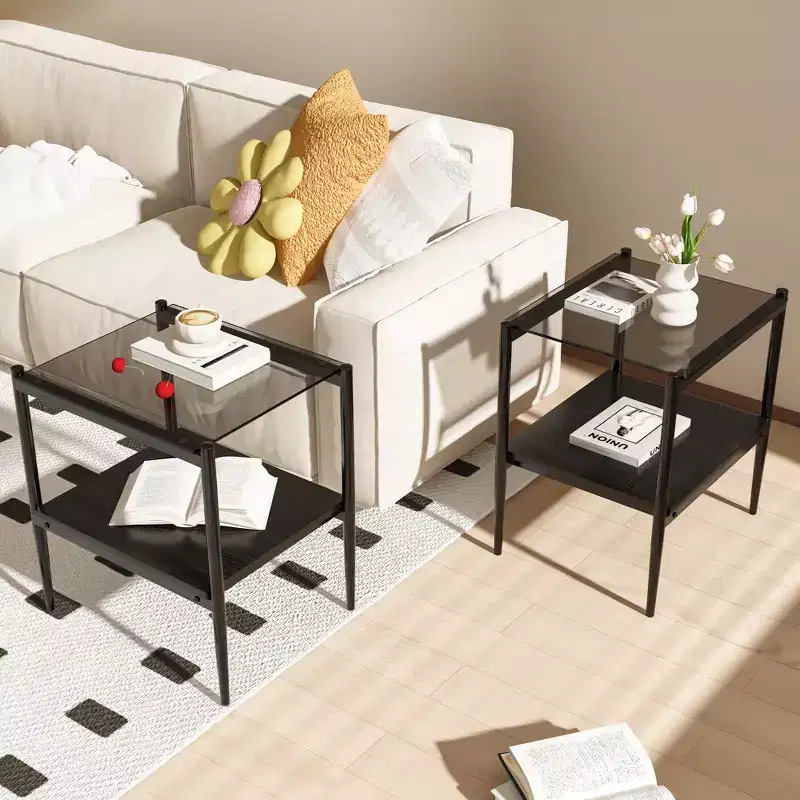 Gray Glass & Black Metal Rectangle End Table, Set of 2