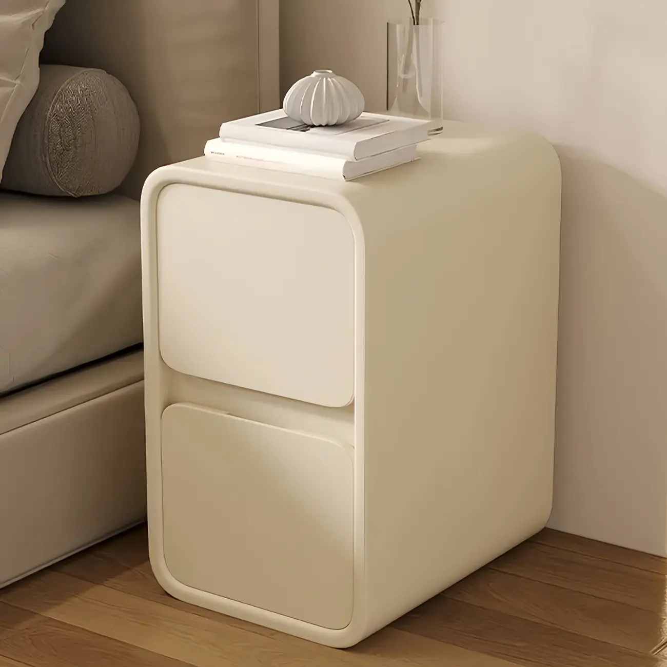 Simplistic Beige Leather 2 Tiers Nightstand with Drawers
