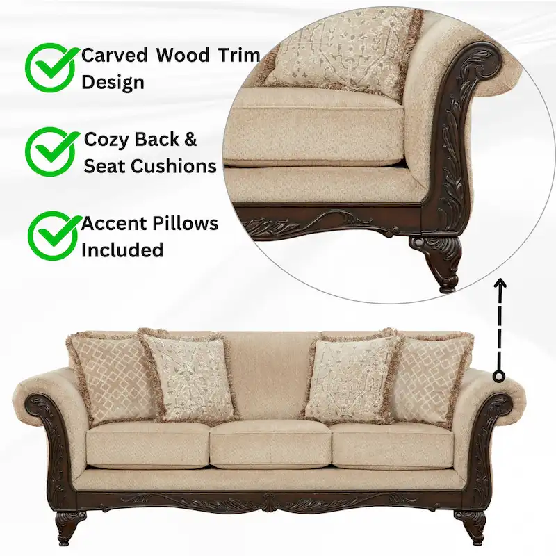 Roundhill Furniture Hernen 2-Piece Carved Wood Frame Living Room Set