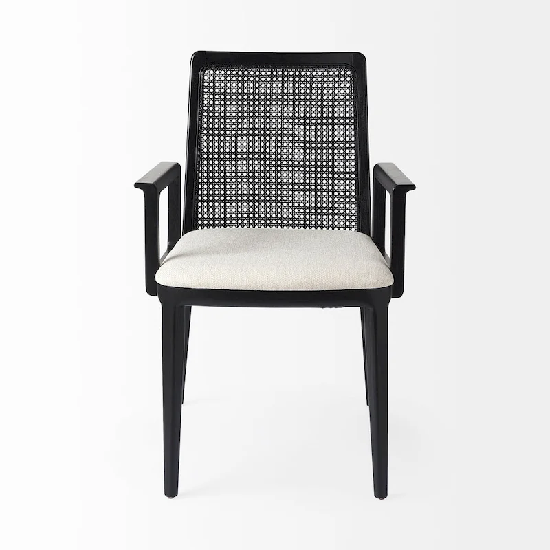 Clara Cream Fabric Seat with Cane Back and Light Brown Solid Wood Frame Dining Chair