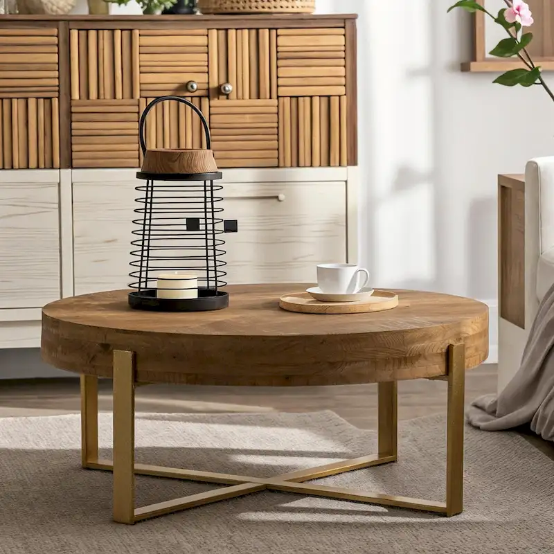 33.86 Modern Retro Splicing Wooden Round Coffee Table with Cross Legs Base