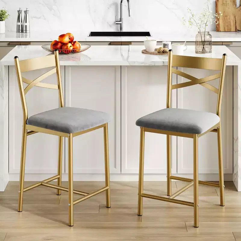 Set of 2 Counter Height Bar Stools with Back, Upholstered Faux Leather Bar Chairs with Thick Cushion and Footrest