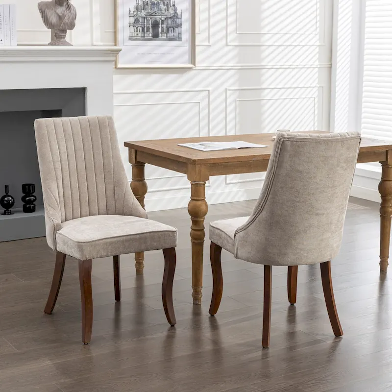 2-Piece Armless Dining Chairs Set with High Back, Upholstered Kitchen Accent Chairs with Curved Solid Wood Legs