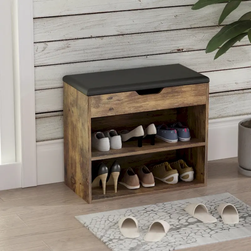 Kerrogee Shoe Storage Bench Rack for 6-Pair, with Hiden Storage uner Cushion - 12W x 24L x 21.2H