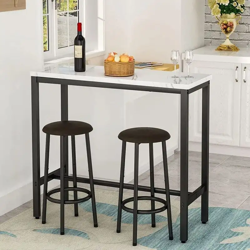3 Piece Kitchen Pub Dining Set, Modern Faux Marble Counter Height Bistro Bar Table Set with 2 PU Leather Bar Stools