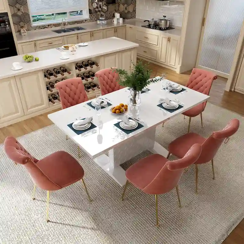 7-Piece Clihome High-gloss Extendable Table Velvet Chair Dining Set