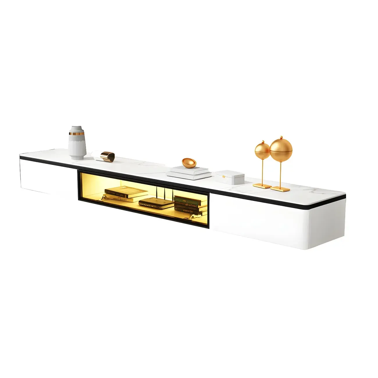 63 White Stone Top Floating TV Stand with LED Lights