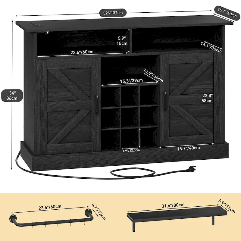 52Farmhouse Coffee Bar Cabinet with Floating Shelf - 15.75D x 52W x 34H