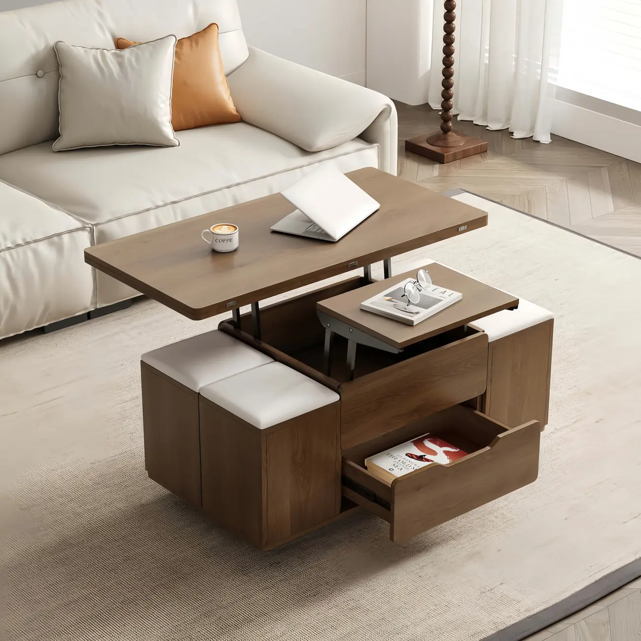 Foldable Lift-Top Coffee Table with 4 Stools & Storage