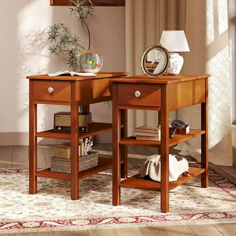 Gymax 2 PCS Narrow End Tables w/Drawer Shelves & Rubber Wood Legs Sofa