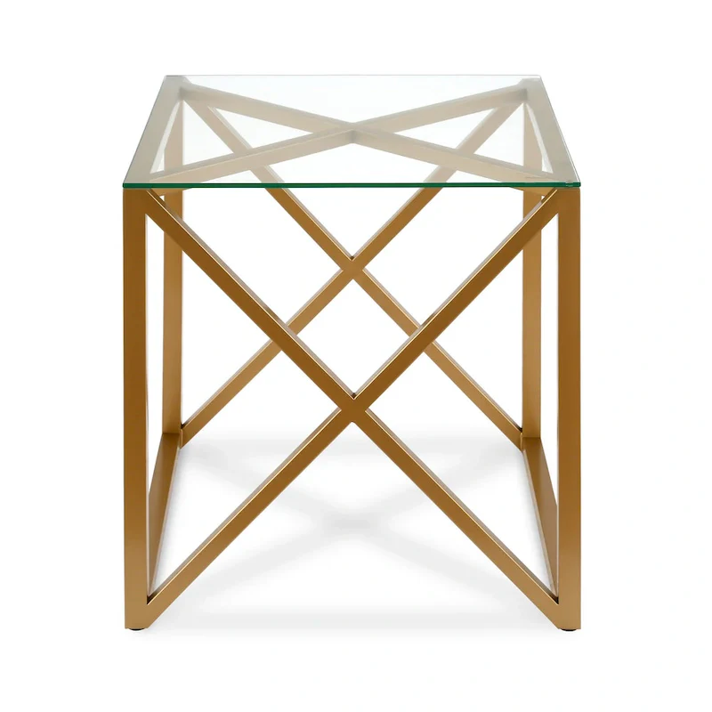 Geometric X-Base Metal & Glass Side Table in Golden Brass Finish