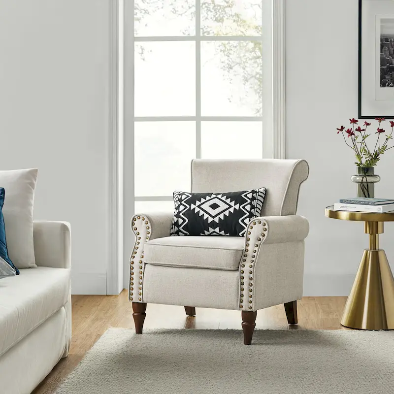 Upholstered Comfy Accent chair with Turned Wooden Legs and Nailhead Trim Set of 2 by