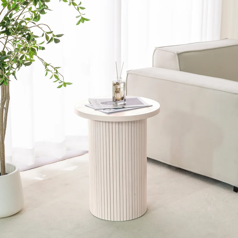 Round Wood End Table Fluted Pedestal Side Table