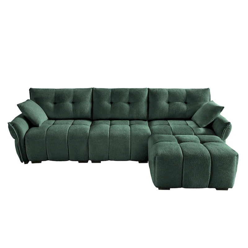110.2 Chenille 3-Seater Sofa Set with Ottoman and Pillows, Solid Wood Frame and High-Resilience Cushions