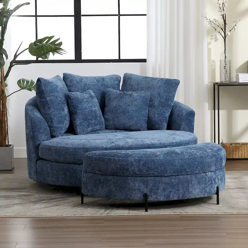 Modern Sofa Chair Round Accent Barrel Chair With 5 Pillows and Optional Ottoman