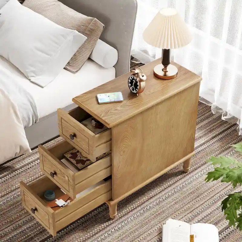 Wood End Table, Fully Assembled Narrow Side Table with 3 Drawers