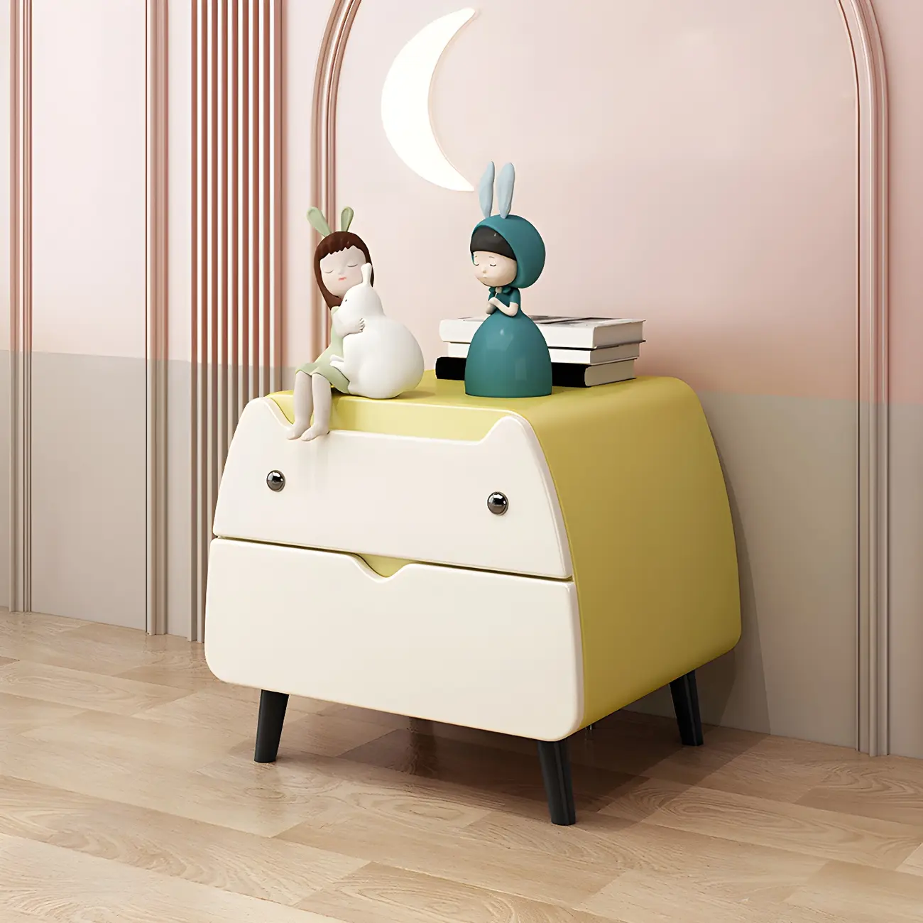 Pink Cute Cat Shape Scandinavian Nightstand with 2 Drawers