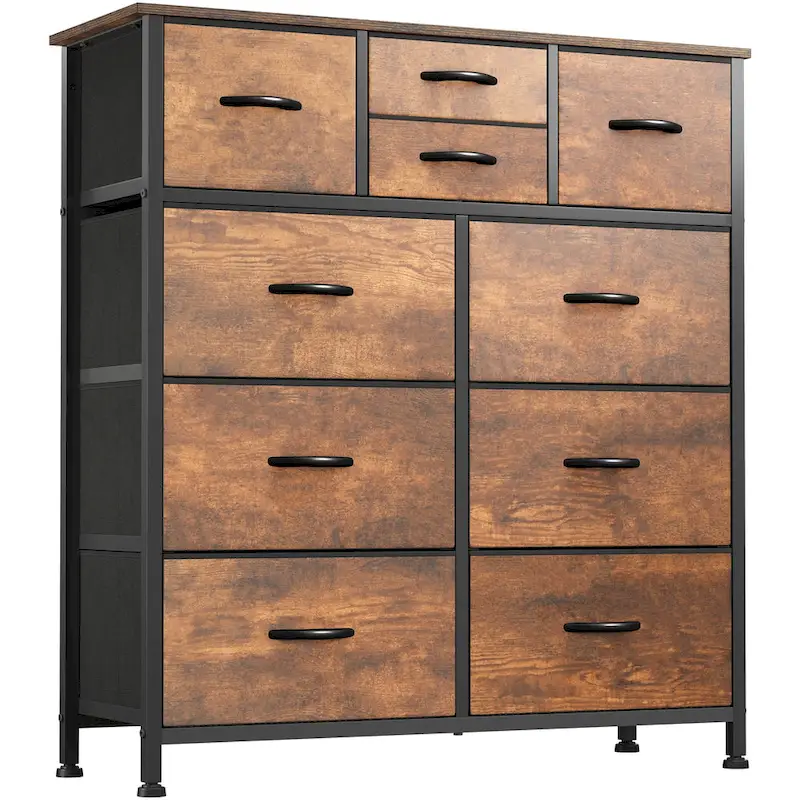 Moasis Rustic Wood-grain Badroom Dresser with Metal Frame, Wooden Top