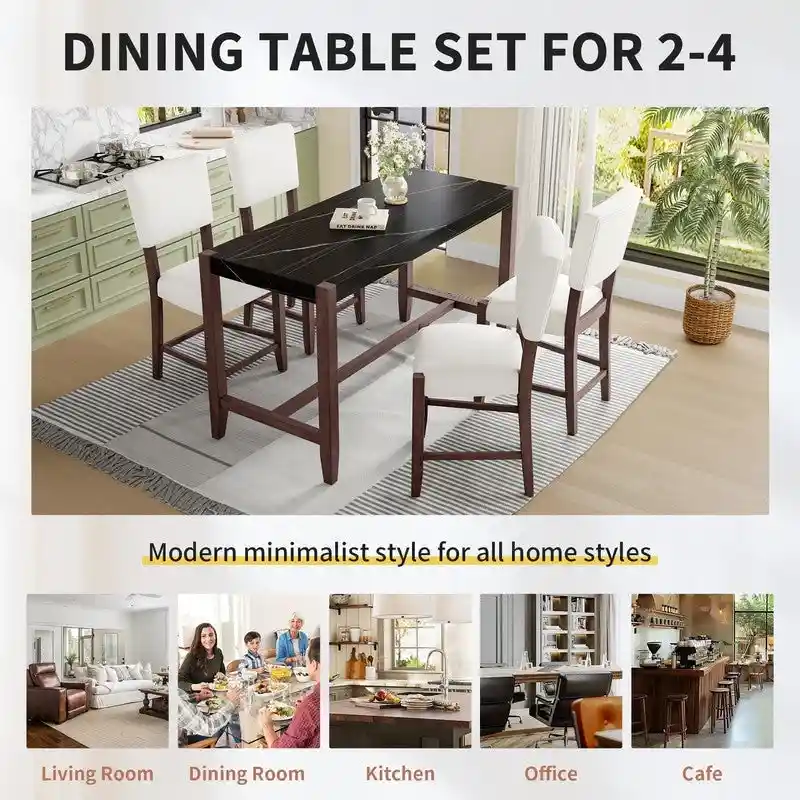 Modern 5-Piece Counter Height Dining Table Set, Faux Marble Bar Table and 4 Upholstered-Seat Chairs