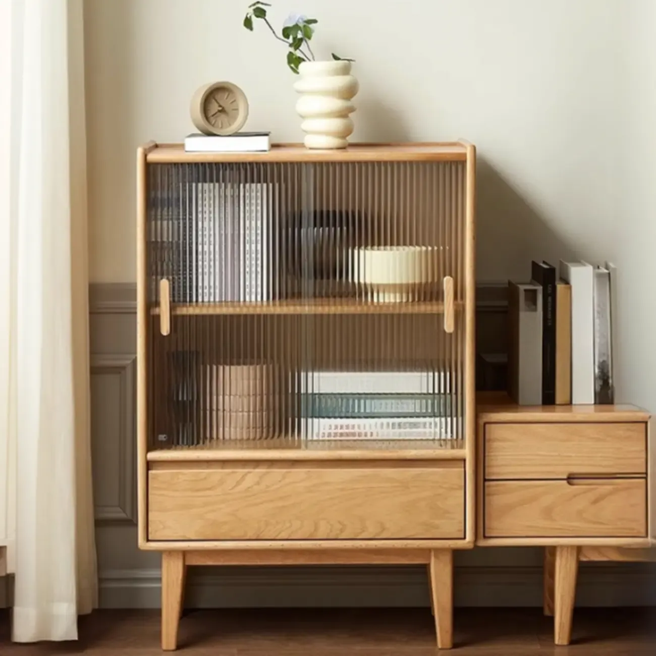 Scandinavian Solid Oak Sliding Doors Storage Cabinet