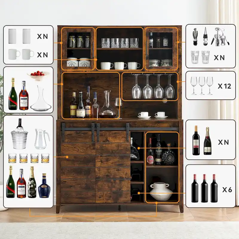Farmhouse Wine Cabinet Kitchen Buffet with Wine Rack - 15.7D x 47.2W x 69.6H