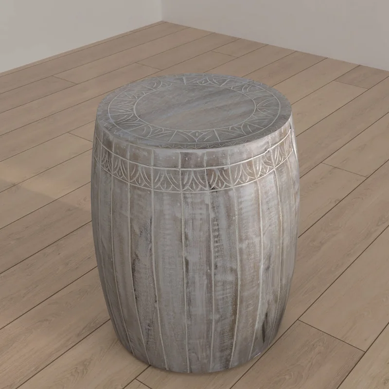 Side End Table with 16 Inch Round Top, In Antique White Mango Wood