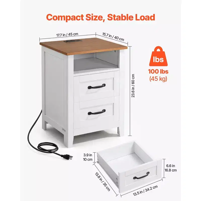 Farmhouse Nightstands, with Charging Station, Set of 2, End Tables with 2 Drawers and Open Shelf
