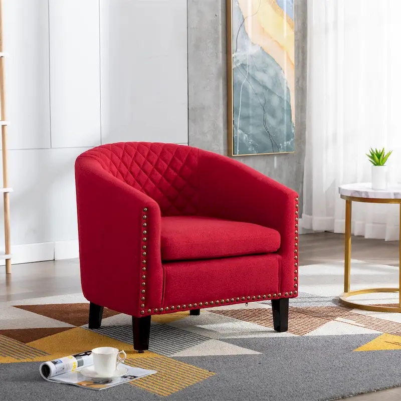 Accent Barrel Chair Living Room With Nailheads And Solid Wood Legs