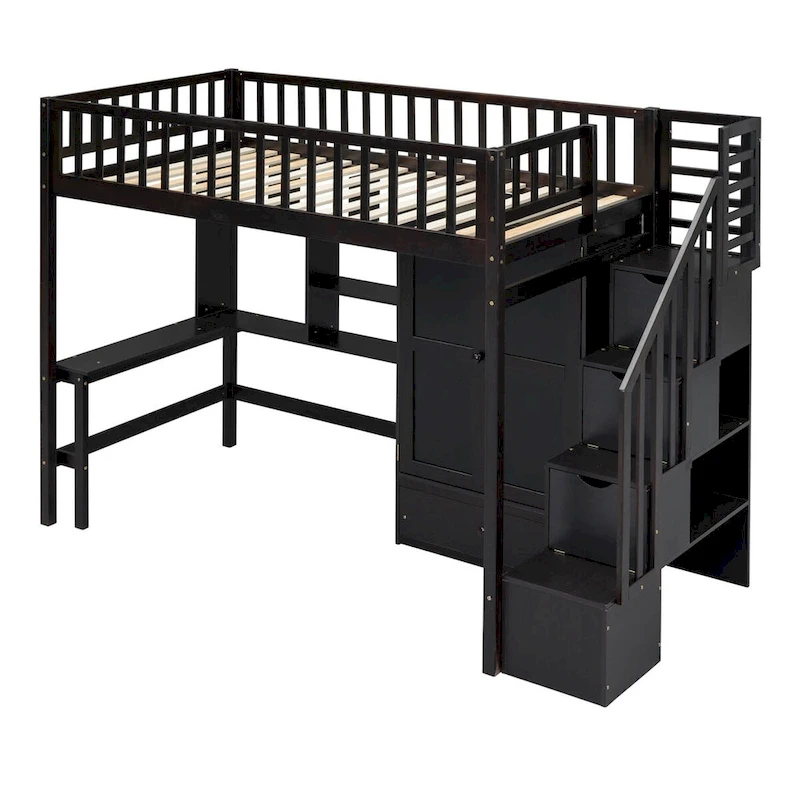 Merax Twin size Loft Bed with Bookshelf,Drawers,Desk,and Wardrobe