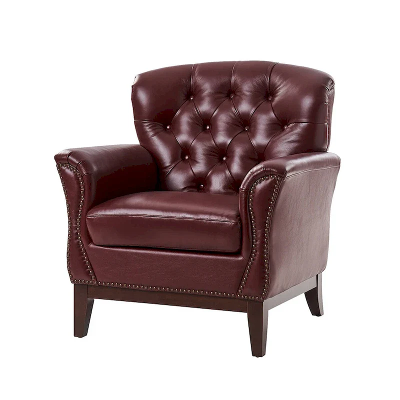 Traditional Genuine Leather Accent Chair with Tufted Wing Back