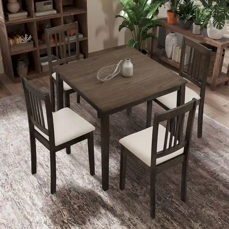 Kitchen Breakfast Nook Dining Table Chairs Set Square Wooden Dining Table Casual Dining Table with 4 Upholstered Dining Chairs