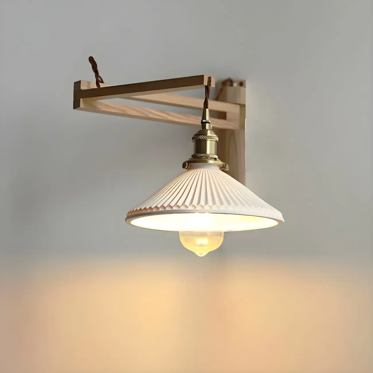 Vintage Wooden Swing Arm Wall Light with Ceramics Shade