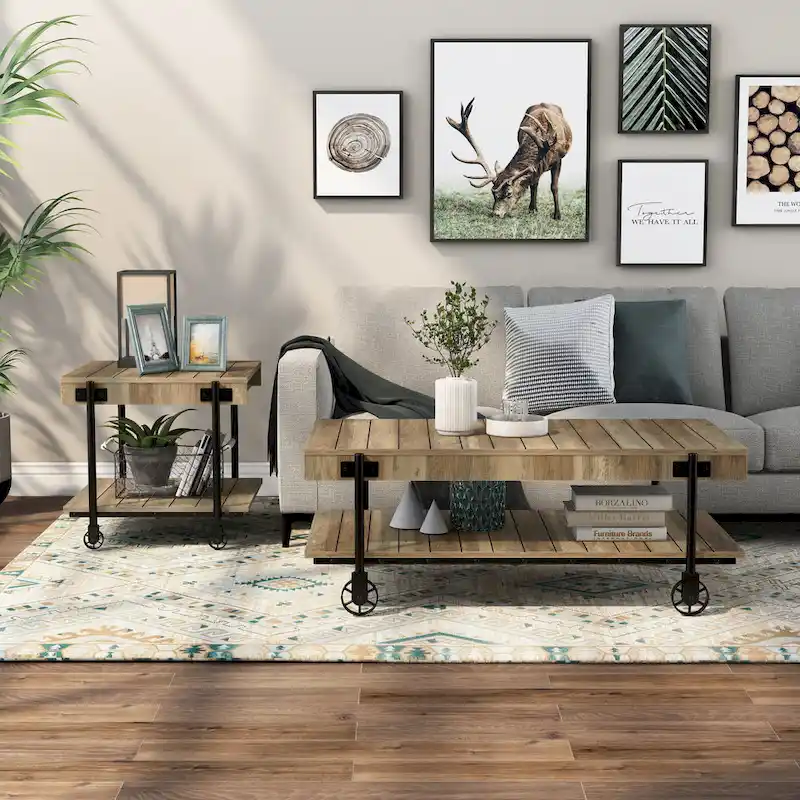 Farmhouse Steel 2-Piece Coffee Table Set with Shelf