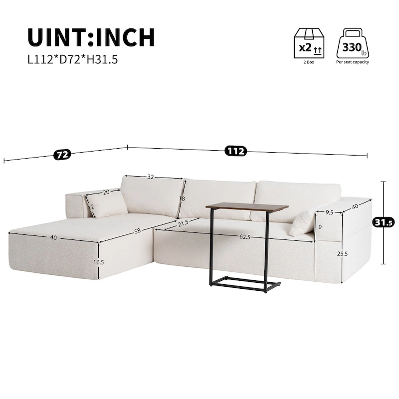 112 Boucle Modular Sectional Sofa with Free Side Table, Wide Seat Design and No Assembly Required