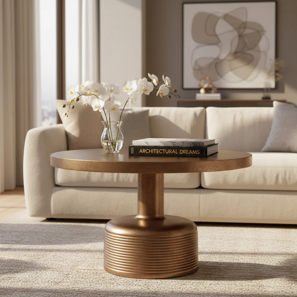 30 Inch Coffee Table, Round Top and Pedestal Base, Natural Brown Wood