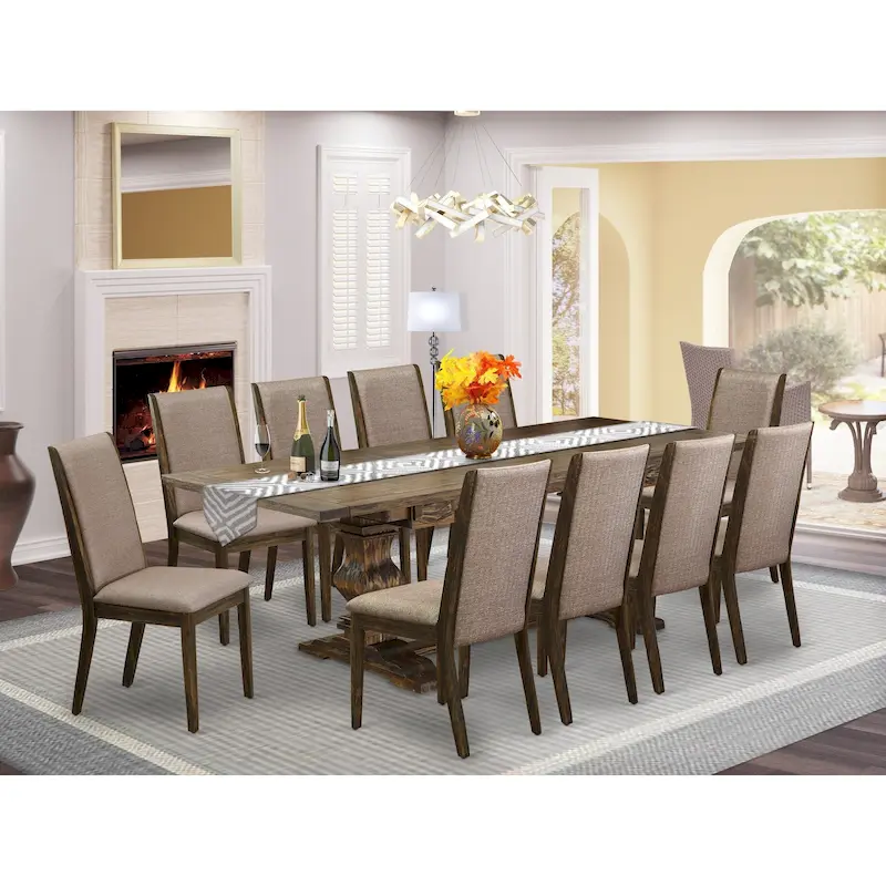 East West Furniture 11 Piece Dining Table Set- a Wooden Table and 10 Linen Fabric Upholstered Chairs(Finish Options)