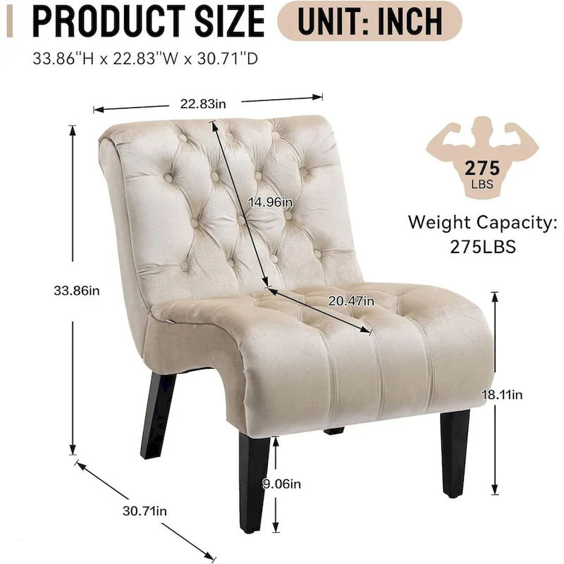 Velvet Armless Accent Chair, Button Tufted Slipper Chair, Side Chair, Lounge Chair
