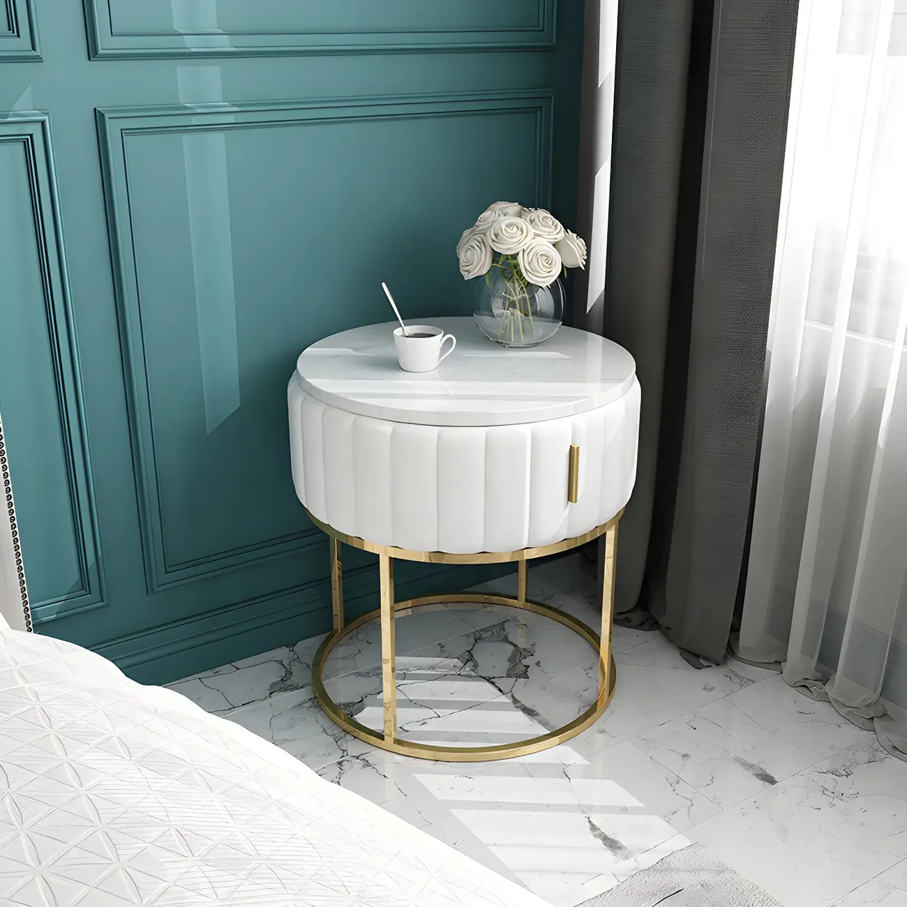 Glam Genuine Marble Nightstand with Drawers & Metal Base