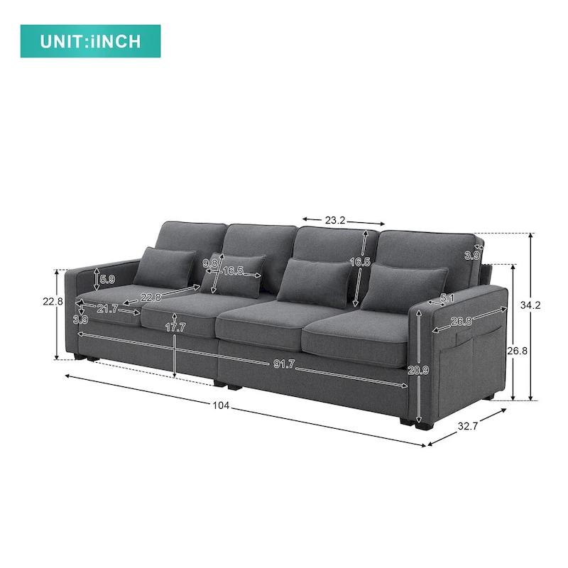 4-Seater Modern Linen Fabric Sofa with Armrest Pockets and 4 Pillows